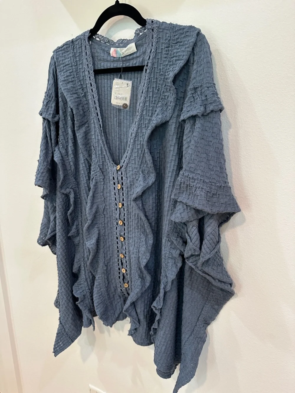 Free People Beach Blue Textured Ruffle Button-Front Top - Picture 5 of 11